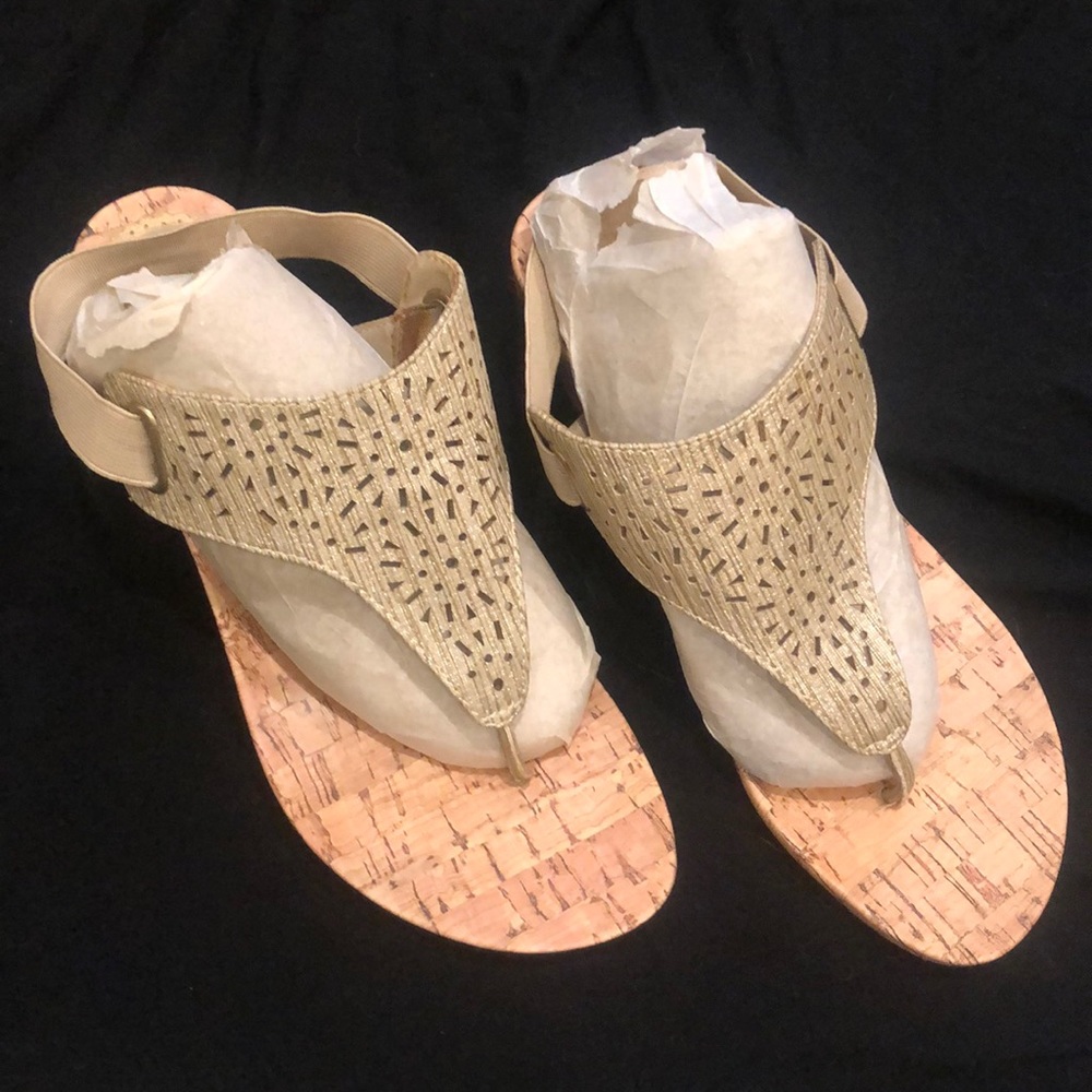 Wedge Sandals /  Gold sparkly upper  / cork style base. Size 8